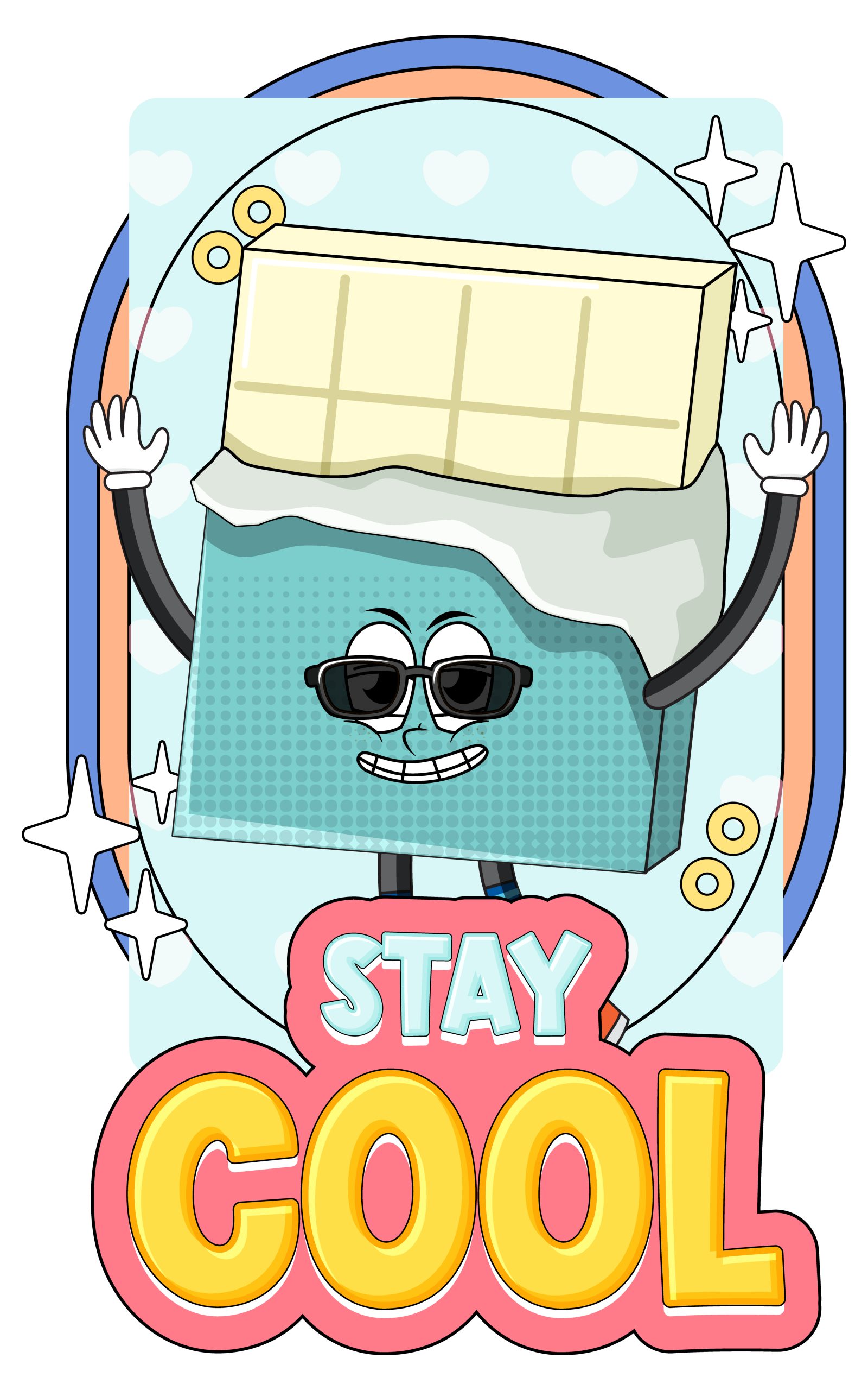 White chocolate cartoon character with stay cool badge